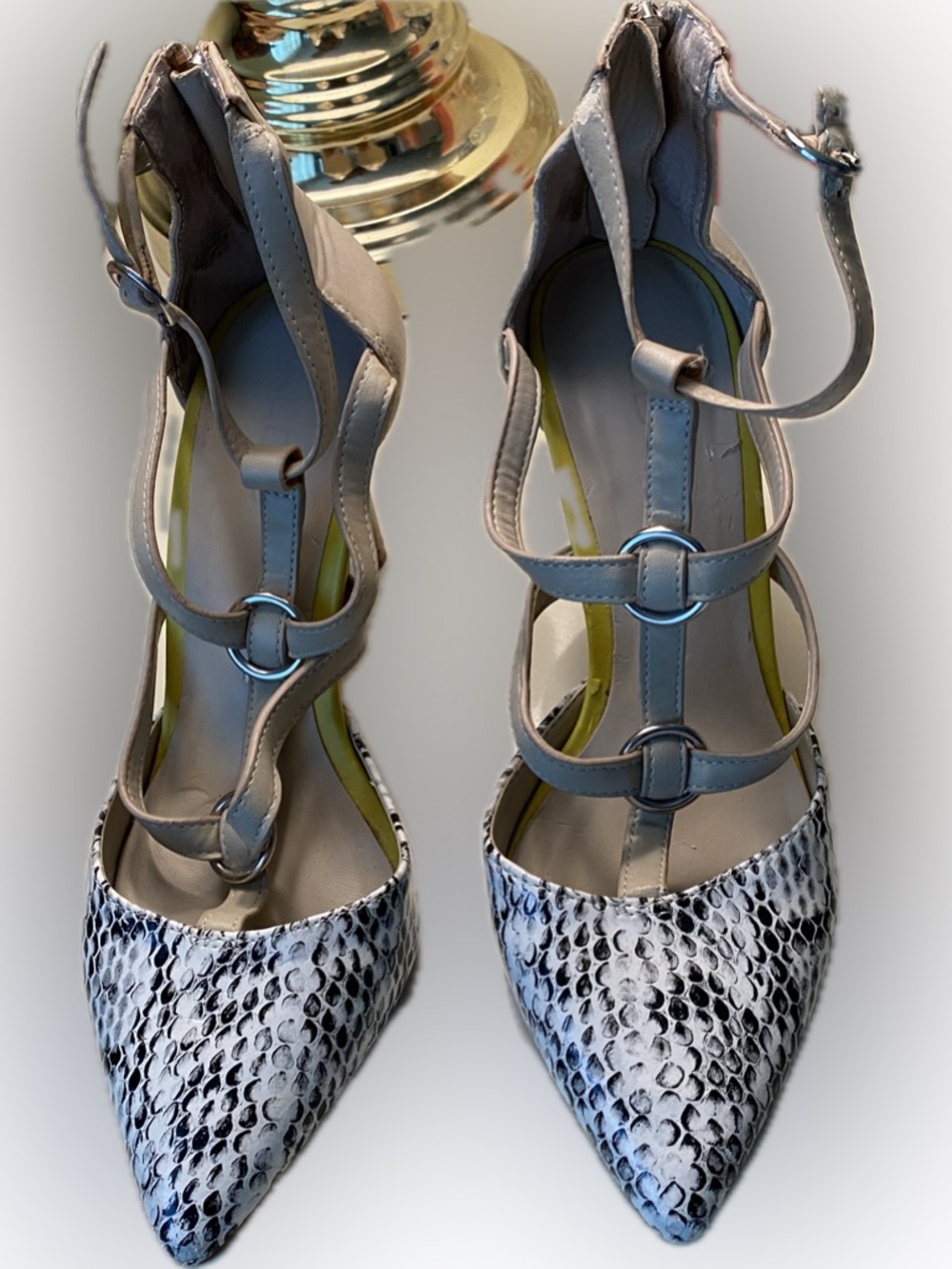 Aldo Pointed Toe Strappy Heels in Light Gray with Snake-Print Toe